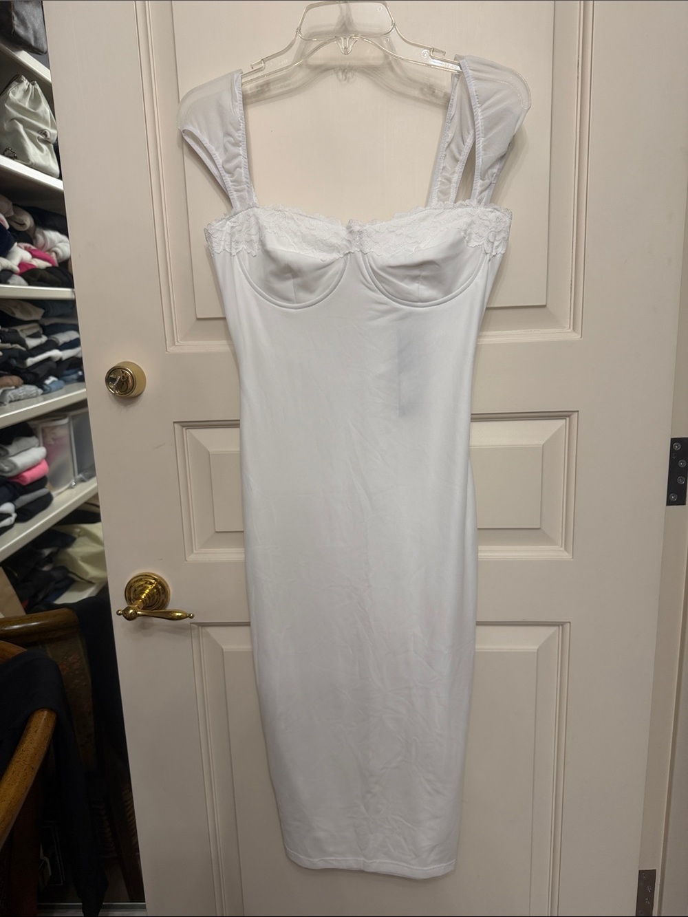 Fashion Nova White Lace-Trim Midi Bodycon Dress